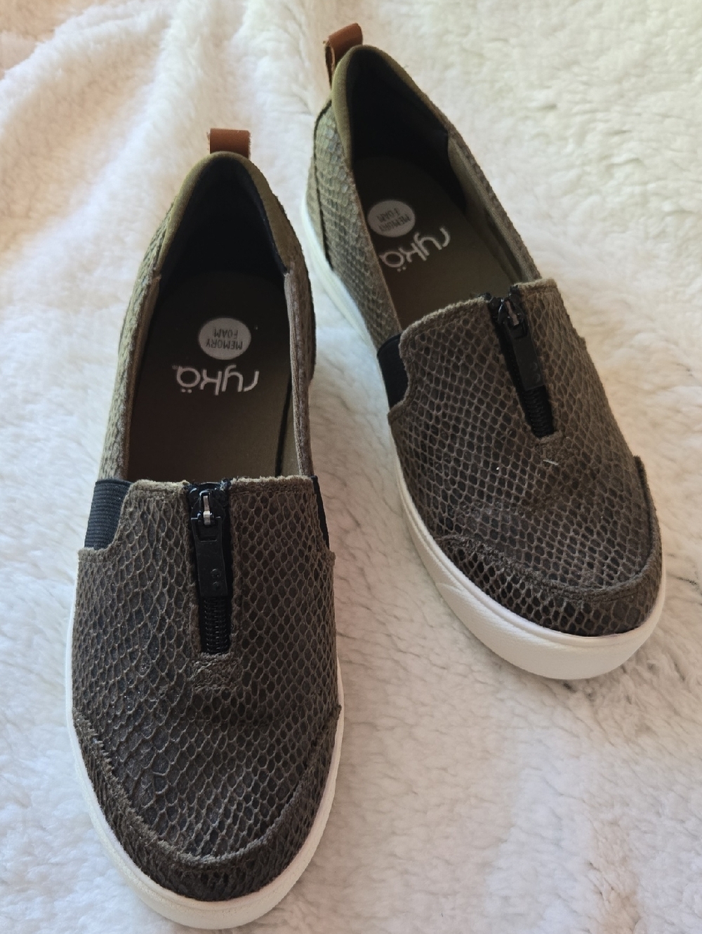 Ryka Olive-Tone Slip-On Sneakers with Front Zip